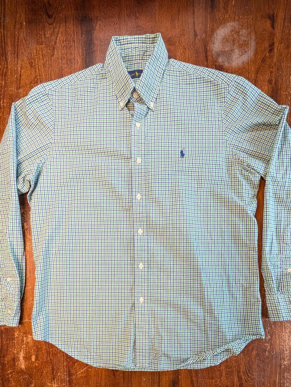 Ralph Lauren Checkered Button Down Shirt Mens Large Green Navy Cotton Classic